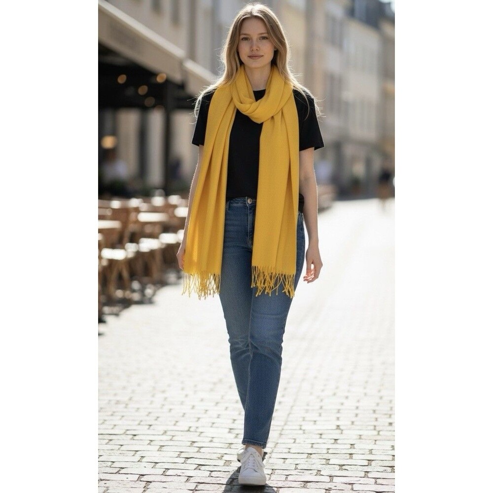 Women’s J Raani New York  Fringe Yellow Shawl Scarf Silk- Pashmina 34”x81”